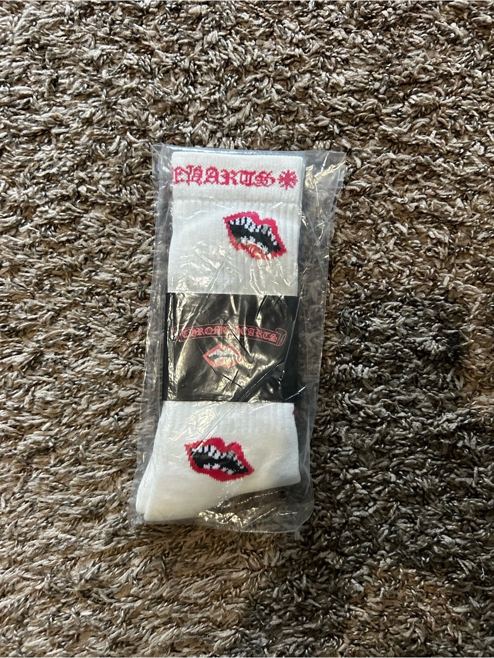 Chrome Hearts White Crew Socks with Red Lip Graphic